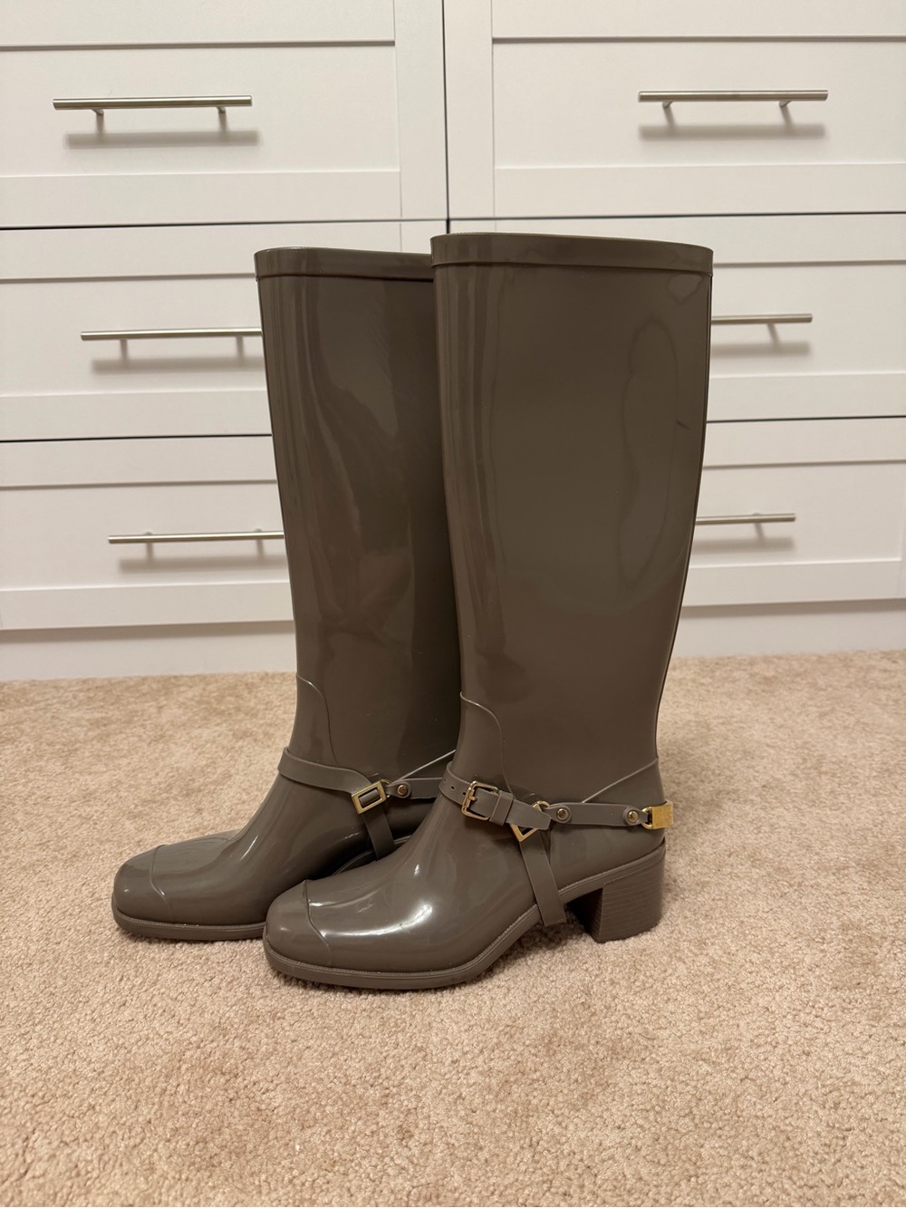 Jimmy Choo Taupe Glossy Rain Boots with Gold Hardware